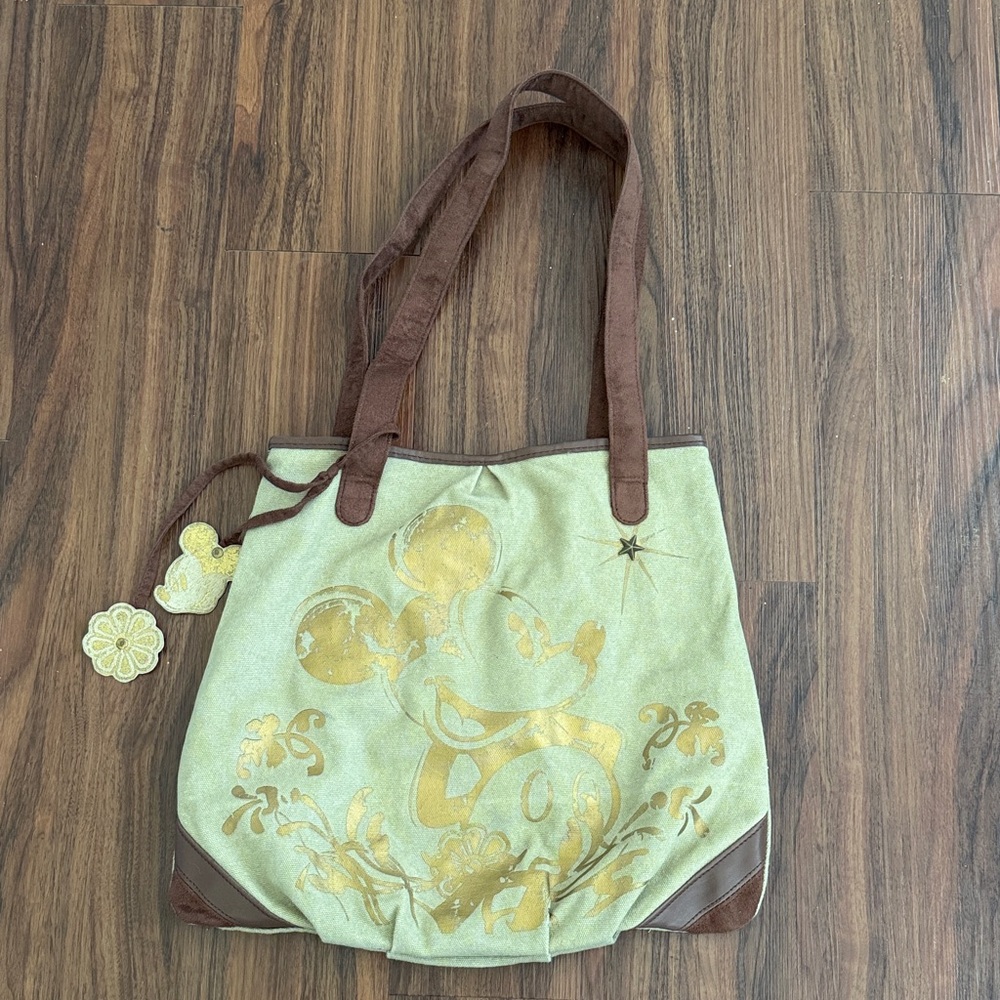 4/$45 Disney Park Mickey Green Canvas Brown Suede Shoulder Purse